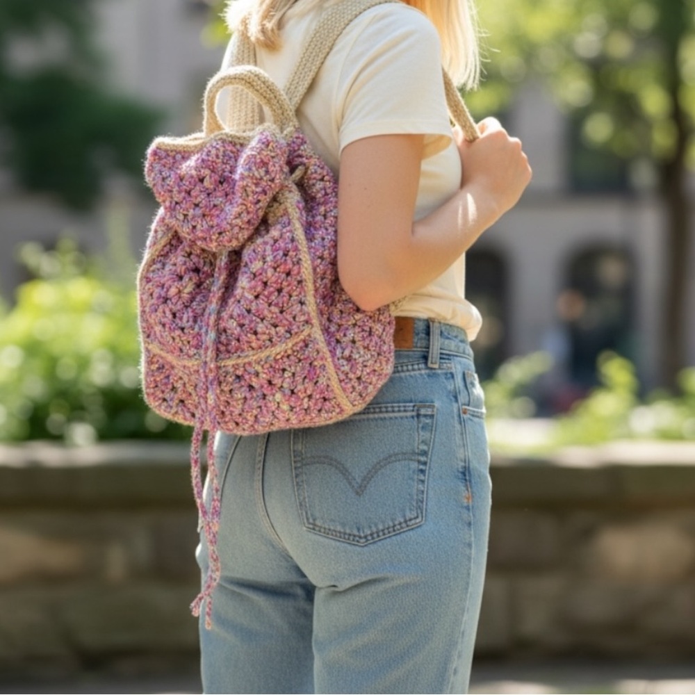 Boho Handmade Crochet Granny Square Drawstring Backpack‎ Bag Purse Pink Tan